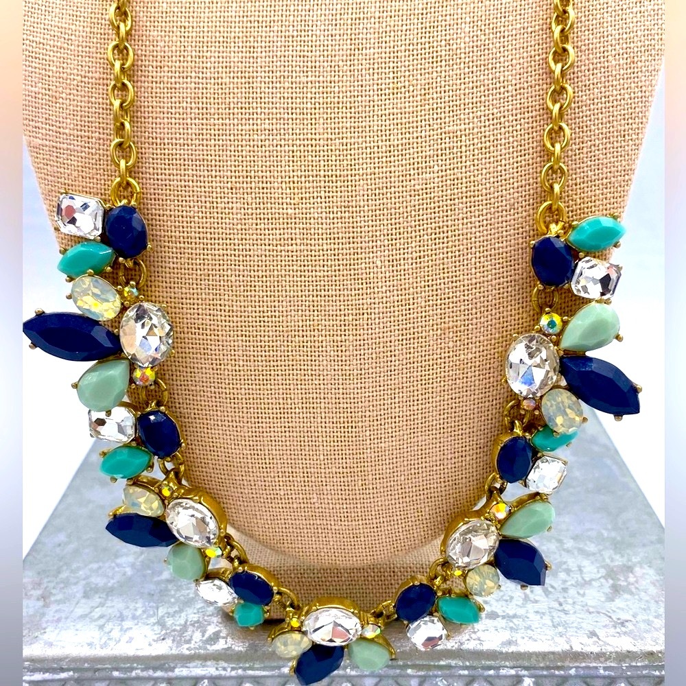 J Crew Gold Tone Blue Mint Aqua Opal Rhinestone Statement Necklace Floral Design